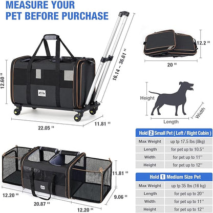 Lekereise Cat Dog Carrier with Wheels for 2 Cats, Expandable Double Cat Carrier with Wheels, Large Rolling Pet Carrier, Wheeled Pet Carrier with Telescopic Handle, Black