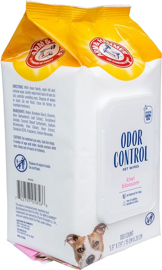 Arm & Hammer for Pets Odor Control Wipes for Dogs, Best Odor Eliminating Waterless Cleaning for Dogs & Puppies | Kiwi Blossom Scent, 100 Count