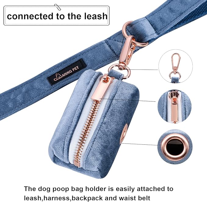 ARING PET Velvet Dog Waste Bag Dispenser, Cute Blue Doggy Poop Bags Holders Attach to Any Leashes, Portable Washable Pet Waste Pouch Dispenser with Metal Zipper