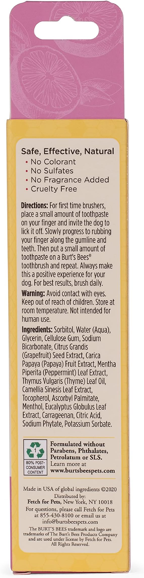 Burt's Bees for Pets Tartar Control Toothpaste for Dogs with Grapefruit Seed Extract - 99.5 % Naturally Derived Dog Toothpaste for Tartar Control in Mixed Berry Flavor, 2.5 Oz