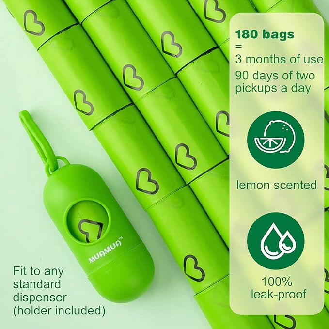 Dog Poop Bag, Biodegradable, 180 Count, 3.8 Liters, Lemon Scented, Extra Thick, Strong, Leak-proof, Waste Bags for Dogs