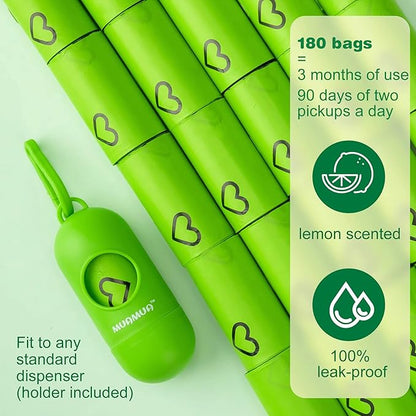 Dog Poop Bag, Biodegradable, 180 Count, 3.8 Liters, Lemon Scented, Extra Thick, Strong, Leak-proof, Waste Bags for Dogs