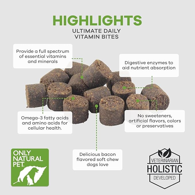 Only Natural Pet Ultimate Daily Vitamins - Complete Multivitamin Supplement for Dogs Balanced Health & Vitality - Senior Small & Large Canine Food Immune Digestive Support -60 Soft Chews (Pack of 2)