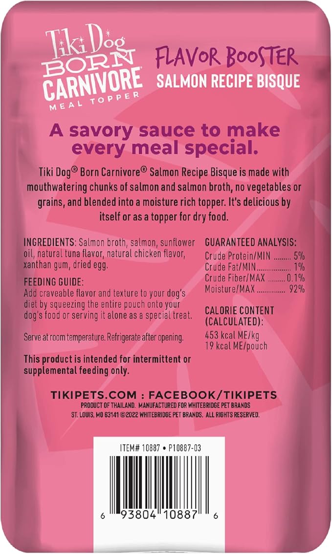 Tiki Dog Born Carnivore Flavor Booster, Salmon Recipe Bisque, Grain Free Meat Based Treat, Meal Topper for All Dog Breeds and All Life Stages, 1.5 oz Pouch, Pack of 12