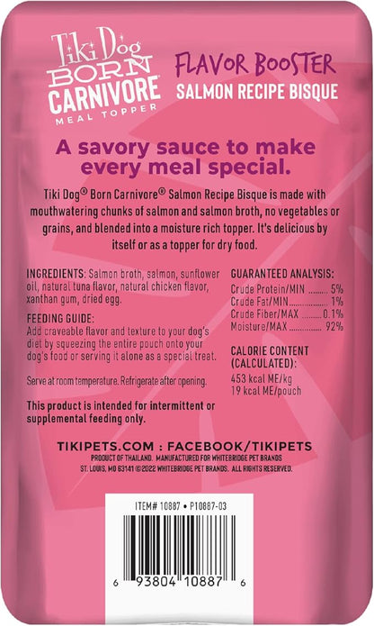Tiki Dog Born Carnivore Flavor Booster, Salmon Recipe Bisque, Grain Free Meat Based Treat, Meal Topper for All Dog Breeds and All Life Stages, 1.5 oz Pouch, Pack of 12