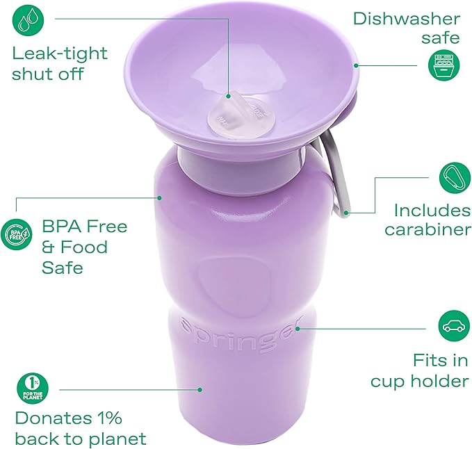 Springer Dog Water Bottle | Portable Travel Water Bottle Dispenser for Dogs - As Seen on Shark Tank | Patented, Leak-Proof Bottles Fill Bowl with Water - Ideal for Walking | BPA-Free 22oz Lilac
