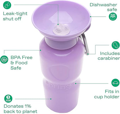 Springer Dog Water Bottle | Portable Travel Water Bottle Dispenser for Dogs - As Seen on Shark Tank | Patented, Leak-Proof Bottles Fill Bowl with Water - Ideal for Walking | BPA-Free 22oz Lilac