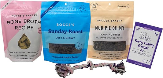 Bocce's Bakery Soft & Chewy Dog Treats 3 Flavor Variety - (1) Each: Mud Pie Oh My, Sunday Roast, Bone Broth Recipe (5-6 Ounces) - Plus Rope Toy and Fun Animal Facts Booklet Bundle