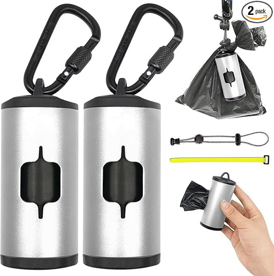 2 Pack Metal Dog Poop Bags Holder Aluminum Poo Bags Dispenser with 30 Black Unscented Pet Waste Bags and 3 Leash Accessories for Dog Walking(2 Holders 30 Bags,Silver)