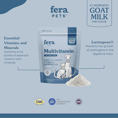 Fera Pets Multivitamin Goat Milk Cat & Dog Food Topper – Vet Created - Cat & Dog Multivitamin - Probiotics & Essential Vitamins & Minerals–60 Servings