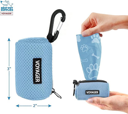 Best Pet Supplies Dog Poop Bag Holder Leash Attachment with 15 Bags, Baby Blue, Reusable Mesh Dispenser Pouch for Travel, Walking, Park, and Outdoor Use, Soft and Durable with Clip-On