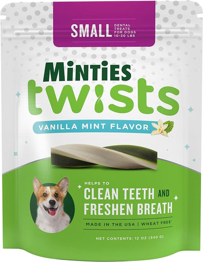 Minties Dental Twists for Dogs, Vet-Recommended Vanilla-Flavored Dental Chews for Tiny/Small Dogs 5-39 lbs, Dental Treats Clean Teeth, Fight Bad Breath, and Removes Plaque and Tartar, 12oz