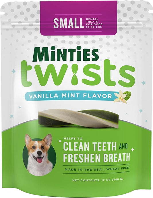Minties Dental Twists for Dogs, Vet-Recommended Vanilla-Flavored Dental Chews for Tiny/Small Dogs 5-39 lbs, Dental Treats Clean Teeth, Fight Bad Breath, and Removes Plaque and Tartar, 12oz