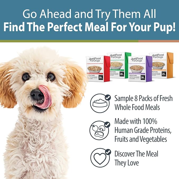 JustFoodForDogs Pantry Fresh Dog Food Variety Pack, Complete Meal or Dog Food Topper, Beef, Chicken, Turkey, & Lamb Human Grade Dog Food Recipe - 12.5 oz (Pack of 8)