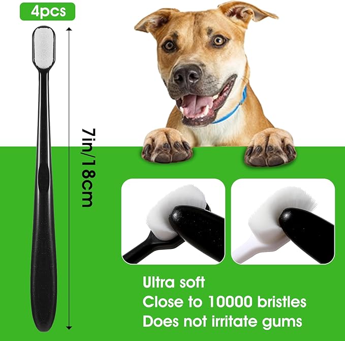 Dog Toothbrush, 4 Pcs Soft Dog Tooth Brushing Kit, Puppy Toothbrush Long Handle Pet Toothbrush Universal for Pet Dogs Teeth Cleaning and Oral Care Dental Hygiene Convenient (Black, White)
