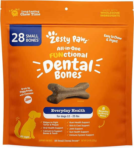 Zesty Paws Dental Bones - Fights Tartar & Plaque - Gum, Teeth & Bone Health - Cinnamon for Dog Breath - Immune, Joint, Gut, Skin & Coat Support - Omega 3 EPA & DHA and Calcium - Small Dogs - 28 ct…