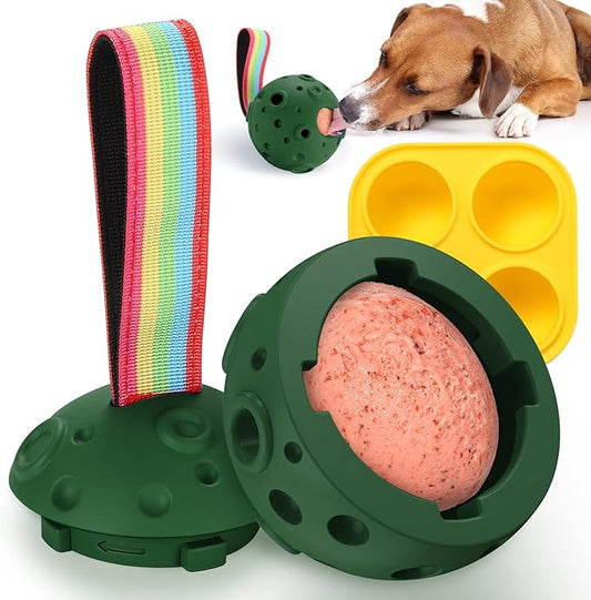 Fillable Dog Chew Toy, Treat Tray for Frozen Dog Food, DIY Fillable Rubber Treat Toy and Silicone Molds, Sturdy Chew Enrichment Stimulation Toys (Green)