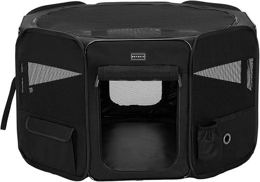 PETSFIT Dog Playpen, 36" Sturdy Pop Up Dog Kennel Foldable Dog Pen Indoor Outdoor Puppy Playpen for Medium Dogs Cats with Traveling Bag Zipper Sealed Removable Mesh Top Leakproof Bottom Mat Black M