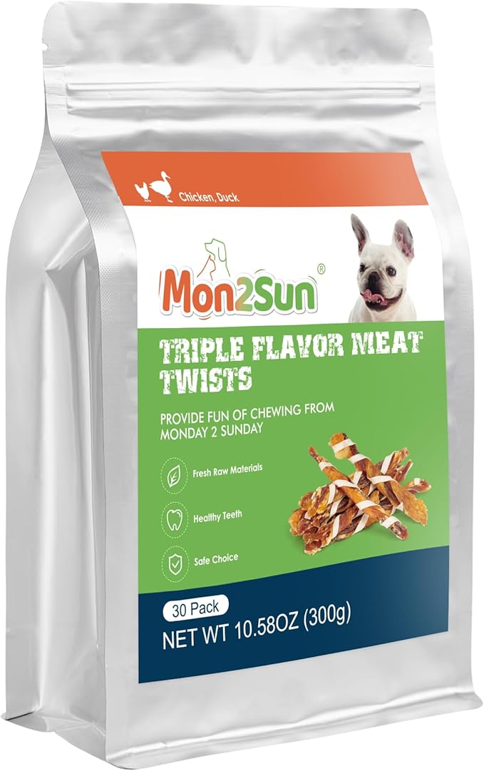 MON2SUN Dog Treats, Triple Flavor Jerky Twist Sticks, 4.5-5 Inch Chicken Duck and Codfish Sticks Dog Chews for Small Dogs, Healthy Dog Snacks, 10.58 oz (30 Count-Pack of 1)