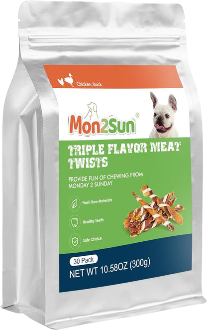 MON2SUN Dog Treats, Triple Flavor Jerky Twist Sticks, 4.5-5 Inch Chicken Duck and Codfish Sticks Dog Chews for Small Dogs, Healthy Dog Snacks, 10.58 oz (30 Count-Pack of 1)