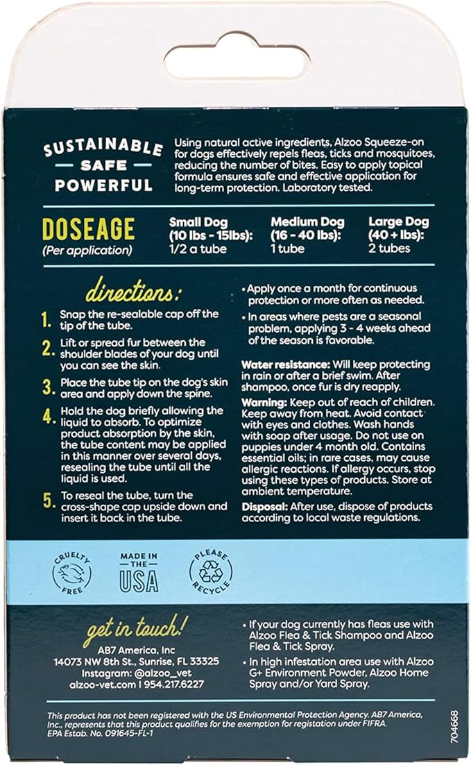 Flea & Tick Squeeze-On for Dogs, Helps Repel Fleas, Ticks & Mosquitos, Up to 3-Months Protection, 100% Plant-Based Active Ingredients, Water-Resistant, 3 EZ-On Applicators Per Pack