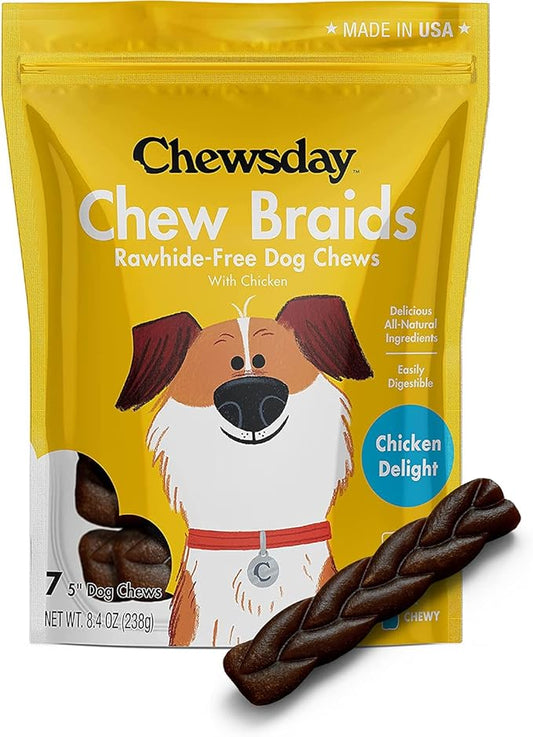 5-Inch Dog Chew Braids, Made in The USA, All Natural Rawhide-Free Highly-Digestible Treats, Chicken Delight - 7 Count