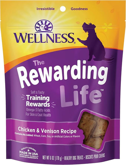 Wellness Rewarding Life Grain-Free Soft Dog Treats, Made in USA with Healthy Ingredients, Ideal for Training (Chicken & Venison Recipe, 6-Ounce Bag)