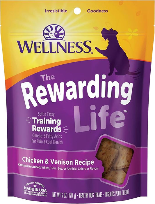 Wellness Rewarding Life Grain-Free Soft Dog Treats, Made in USA with Healthy Ingredients, Ideal for Training (Chicken & Venison Recipe, 6-Ounce Bag)