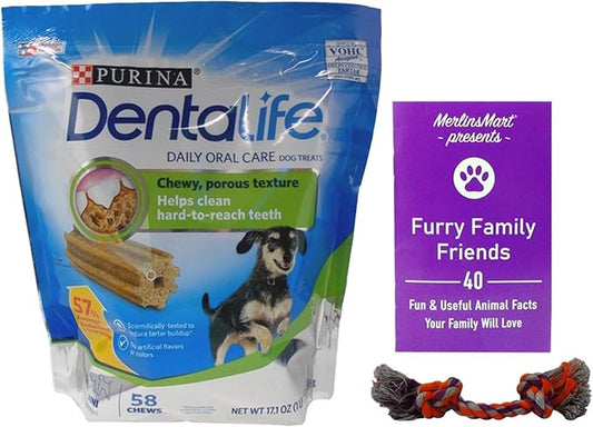 Purina DentaLife Daily Oral Care Chews Dental Dog Treats - Mini Snacks for Small Breeds (58 Count) - Plus Rope Toy and Fun Animal Facts Booklet Bundle
