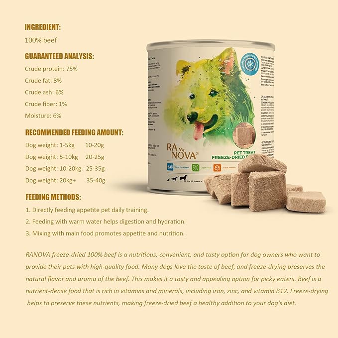Freeze Dried Dog Treats - 100% Beef Grain Free - Natural balanced Single Ingredient Raw Dog Snacks - Dry Dog Food Topper 120g/4.23oz