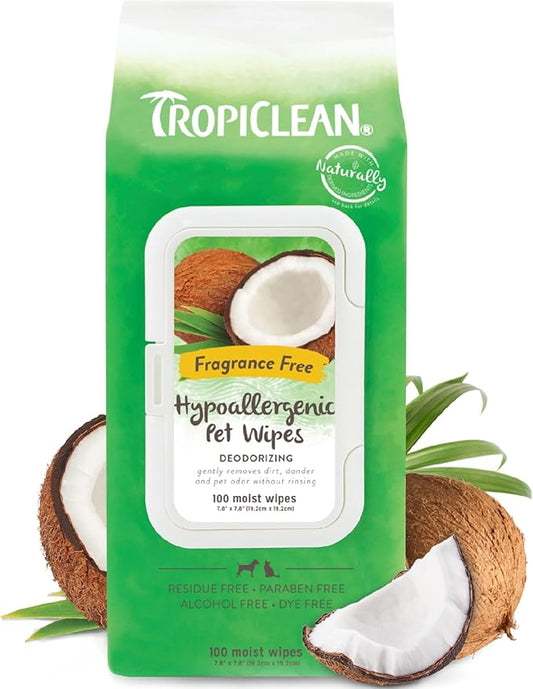 TropiClean Hypoallergenic Dog Wipes for Paws and Butt | Fragrance Free Dog Grooming Wipes | Safe for The Face | Puppy & Cat Friendly | 100 Count