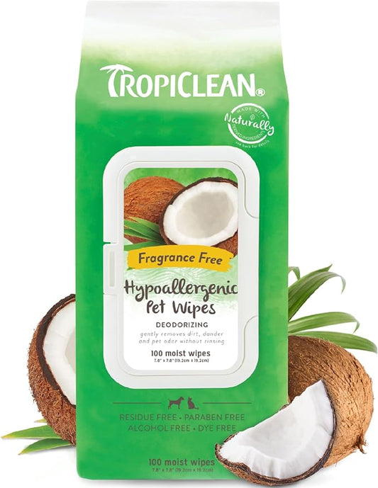 TropiClean Hypoallergenic Dog Wipes for Paws and Butt | Fragrance Free Dog Grooming Wipes | Safe for The Face | Puppy & Cat Friendly | 100 Count