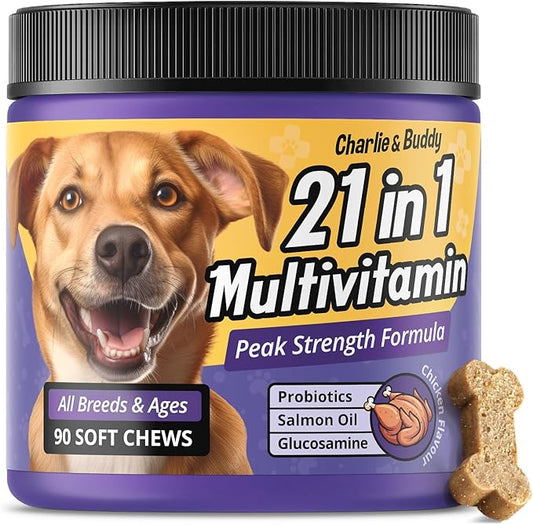 Charlie & Buddy Dog Multivitamin 21 in1 - Dog Vitamins and Supplements with Vitamin C Multivitamin for Dogs - Chicken Flavour Dog Vitamins Soft Chews - 90ct