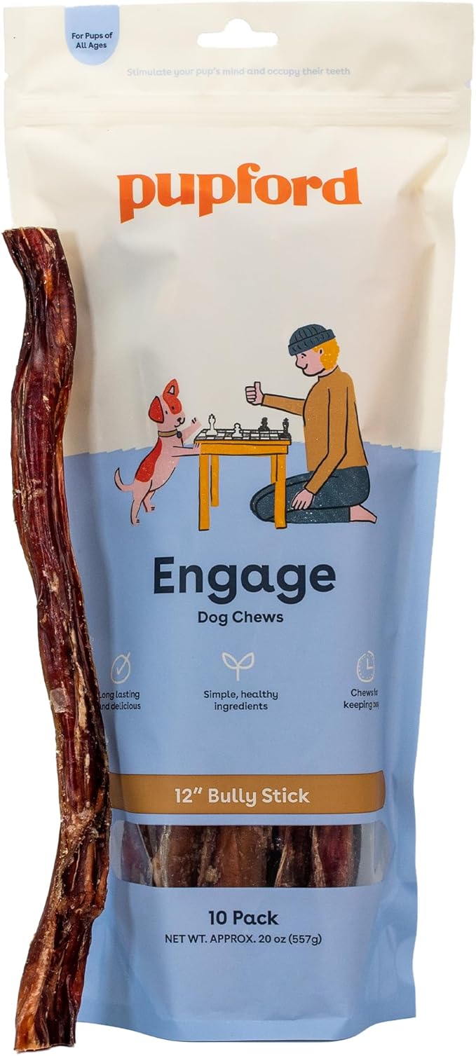 Pupford Thick Bully Sticks for Dogs & Puppies, Smoked for Improved Smell, Natural, Long-Lasting, Single Ingredient Chews for Medium & Large Breeds (12", 10 Count)