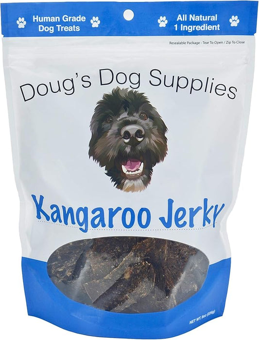 Doug's Dog Supplies - Kangaroo Jerky Dog Treats - Human Grade, 1 Ingredient, 100% Natural Healthy Wild Caught Jerky Treat - Puppy Treats for Training, or Snacks for Small or Large Breeds - 8 oz. Bag