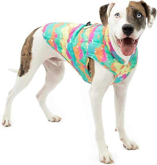 Kurgo Loft Dog Jacket, Reversible Winter Coat for Dogs, Wear with Harness or Sweater, Water Resistant, Reflective, for Small Medium Large Pets (Watercolor Stripe, L)