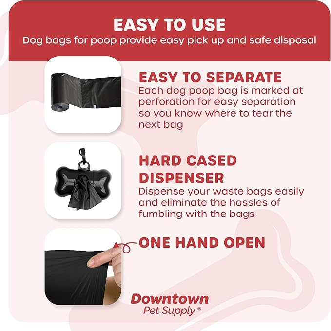 Downtown Pet Supply 960 Count Dog Poop Bags Refills with Leash Clip and Bone Bag Dispenser, Black - Dog Waste Bags Unscented and Leak-Proof with Dog Poop Bag Dispenser - 12.5 x 8.5"