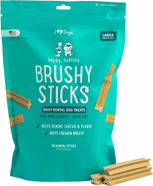 iHeartDogs Brushy Sticks - Dental Treats for Dogs Removes Plaque and Tartar Buildup - Grain-Free Dog Teeth Cleaning Chews Made with Chicken - 30 Large Sticks