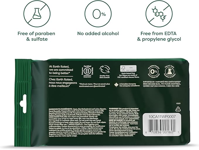Earth Rated Dog Ear Wipes, Hypoallergenic and Plant Based Ear Wipes for Dogs to Remove Dirt and Wax Build up, Oatmeal Scent, 60 Count
