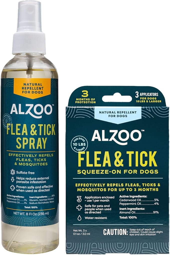 Flea & Tick Repellent Squeeze-On for Dogs and 8 Fl. Oz. Flea & Tick Repellent Spray for Dogs, 100% Plant-Based Active Ingredients