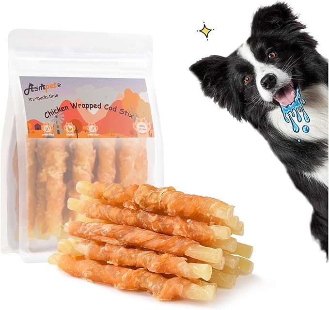 ASMPET Dog Treats Small Dogs, Chicken Wrapped Cod Fish Rich in Omega3 Rawhide Free Grain Free All Natural Dog Treats Healthy for Medium Large Dogs Training Dog Chews (15pcs,10.6oz)