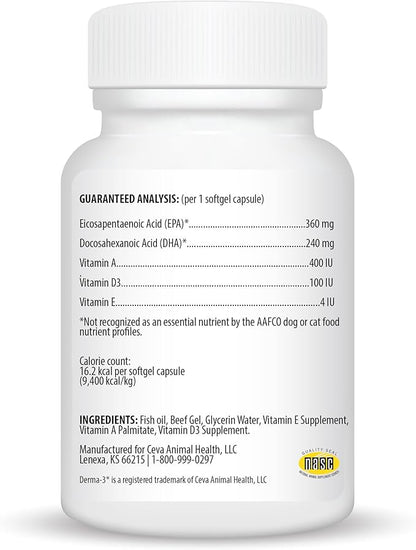Ceva Derma-3 Softgels, Omega-3 Fatty Acid & Vitamin Supplement for Large Dogs (60 Count)