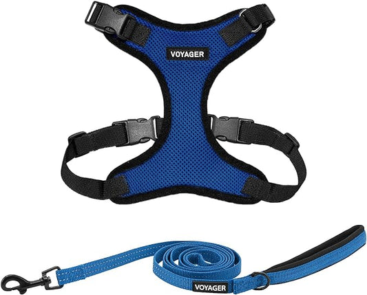 Voyager Step-in Lock Dog Harness w Reflective Dog Leash Combo Set with Neoprene Handle 5ft - Supports Small, Medium and Large Breed Puppies/Cats by Best Pet Supplies - Royal Blue/Black Trim, XL