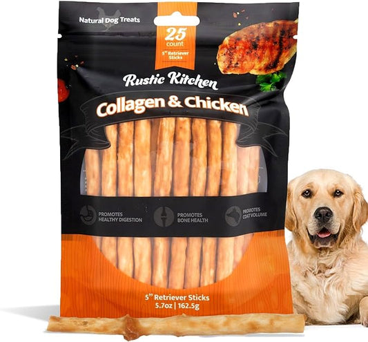 Chicken Collagen Sticks for Dogs, Dog Chews Long Lasting, Rawhide Free, 25 Count, Bully Sticks for Large, Medium, and Small Dogs