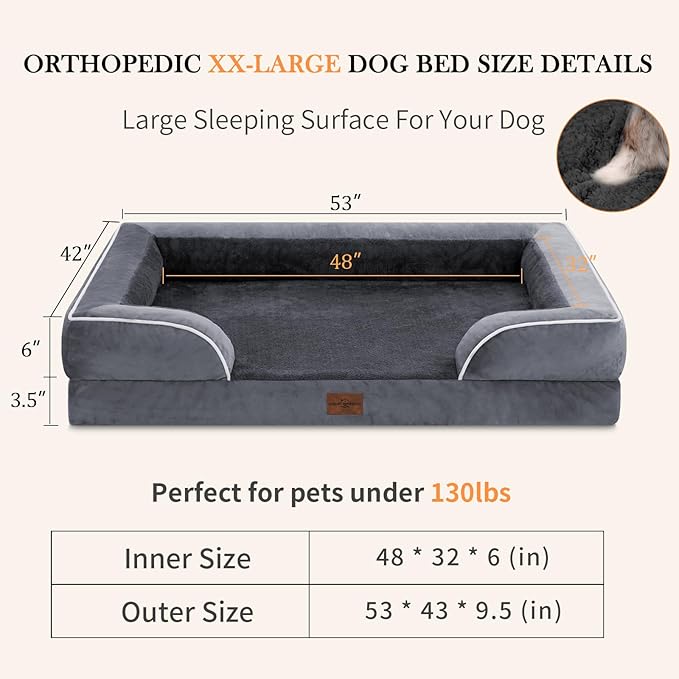 Waterproof Orthopedic Foam Dog Beds, XXL Orthopedic Dog Bed for Extra Large Dogs, Washable Dog Sofa Bed with Removable Cover & Non-Slip Bottom(XX-large,Dark Grey)