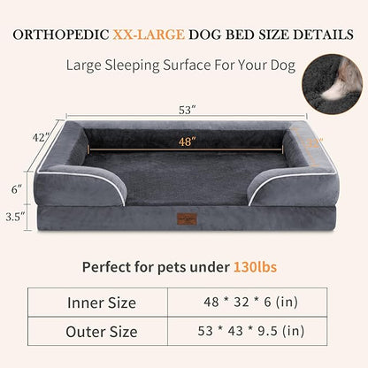 Waterproof Orthopedic Foam Dog Beds, XXL Orthopedic Dog Bed for Extra Large Dogs, Washable Dog Sofa Bed with Removable Cover & Non-Slip Bottom(XX-large,Dark Grey)