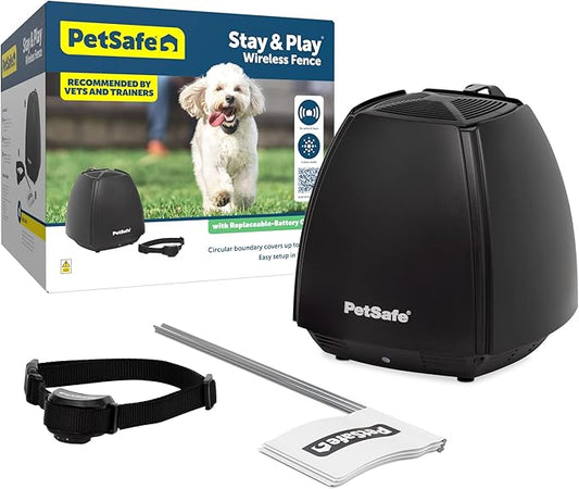 PetSafe Stay & Play Wireless Pet Fence & Replaceable Battery Collar - Circular Boundary Secures up to 3/4 Acre Yard, No-Dig, America's Safest Wireless Fence from Parent Company INVISIBLE FENCE Brand