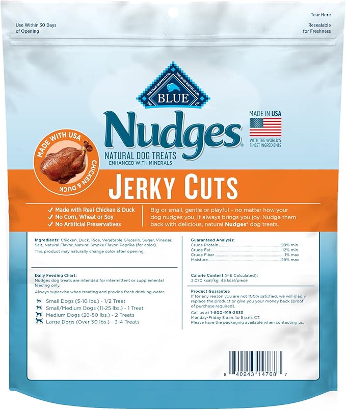 Blue Buffalo Nudges Jerky Cuts Dog Treats, Made in the USA with Natural Ingredients, Chicken & Duck, 16-oz. Bag