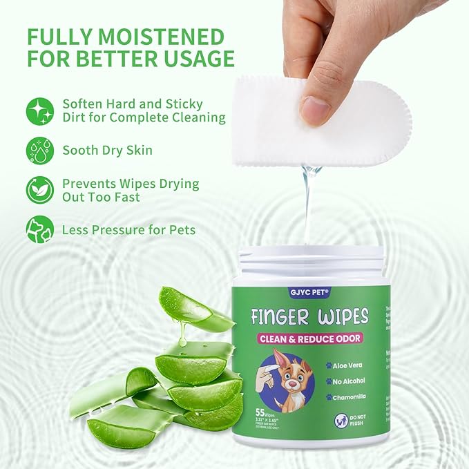 𝐆𝐉𝐘𝐂 𝐏𝐄𝐓 Ear Finger Wipes for Dogs & Cats - Natural Ingredients Gently Remove Ear Wax, Debris - Soothes & Deodorizes - Relieve Ear Itching & Inflammation with Aloe, 55 Count