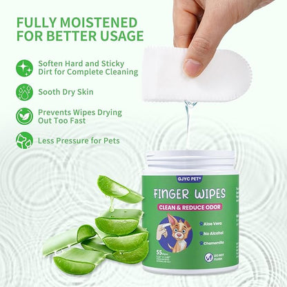 𝐆𝐉𝐘𝐂 𝐏𝐄𝐓 Ear Finger Wipes for Dogs & Cats - Natural Ingredients Gently Remove Ear Wax, Debris - Soothes & Deodorizes - Relieve Ear Itching & Inflammation with Aloe, 55 Count